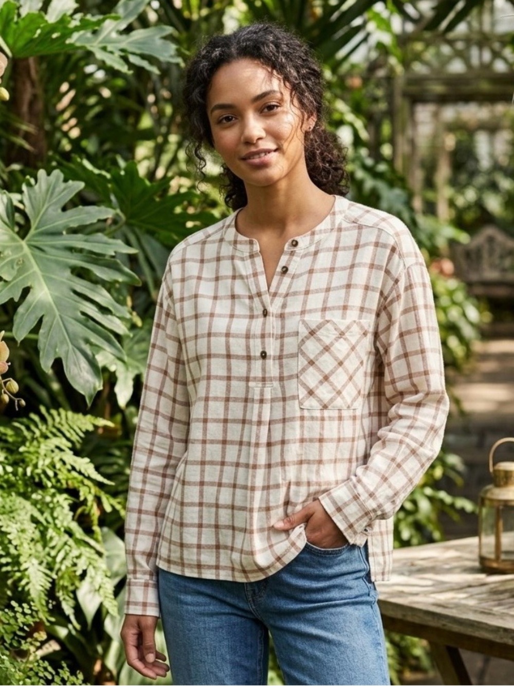 NWT Xirena Makenzie Windowpane Plaid Popover Blouse Top Cream Clay Size XS New